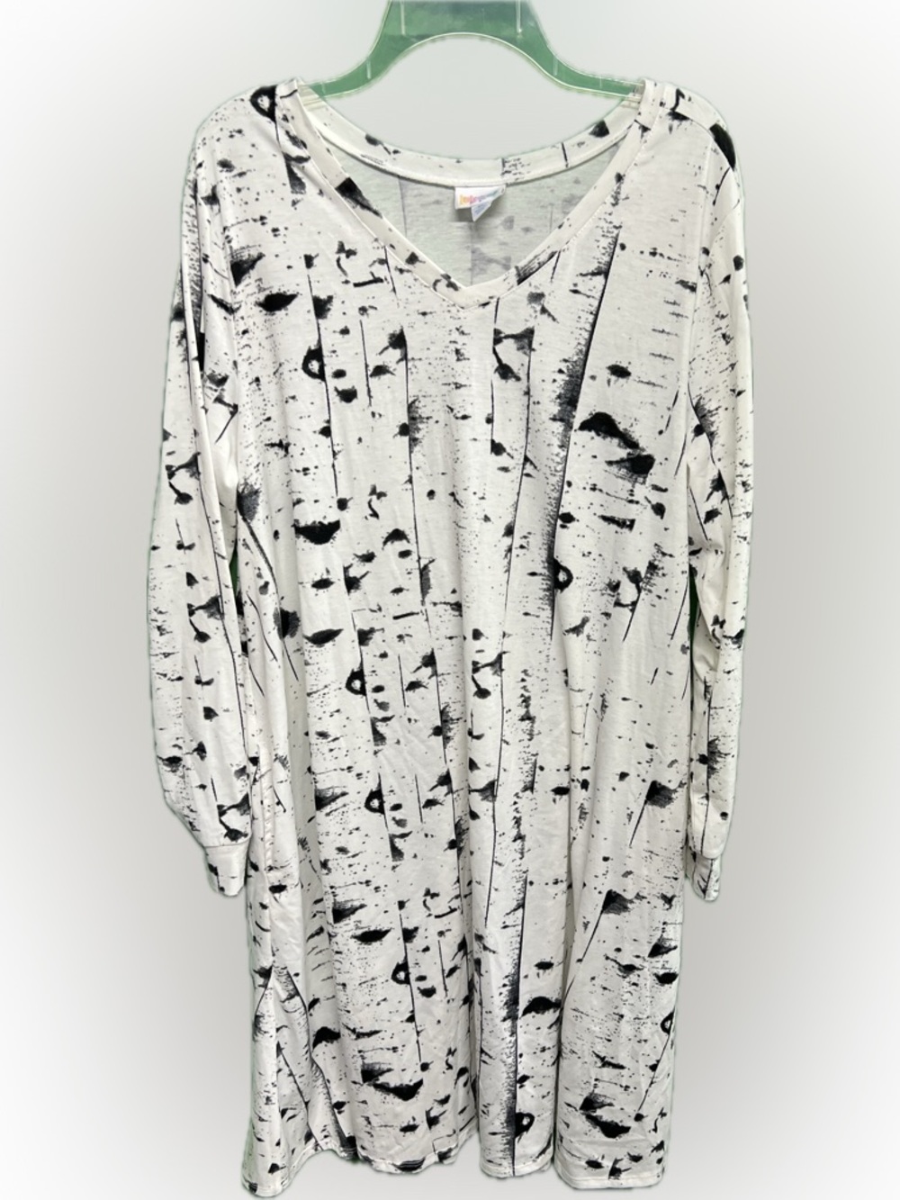 Black & White Birch Print V-Neck Dress with Side Pockets